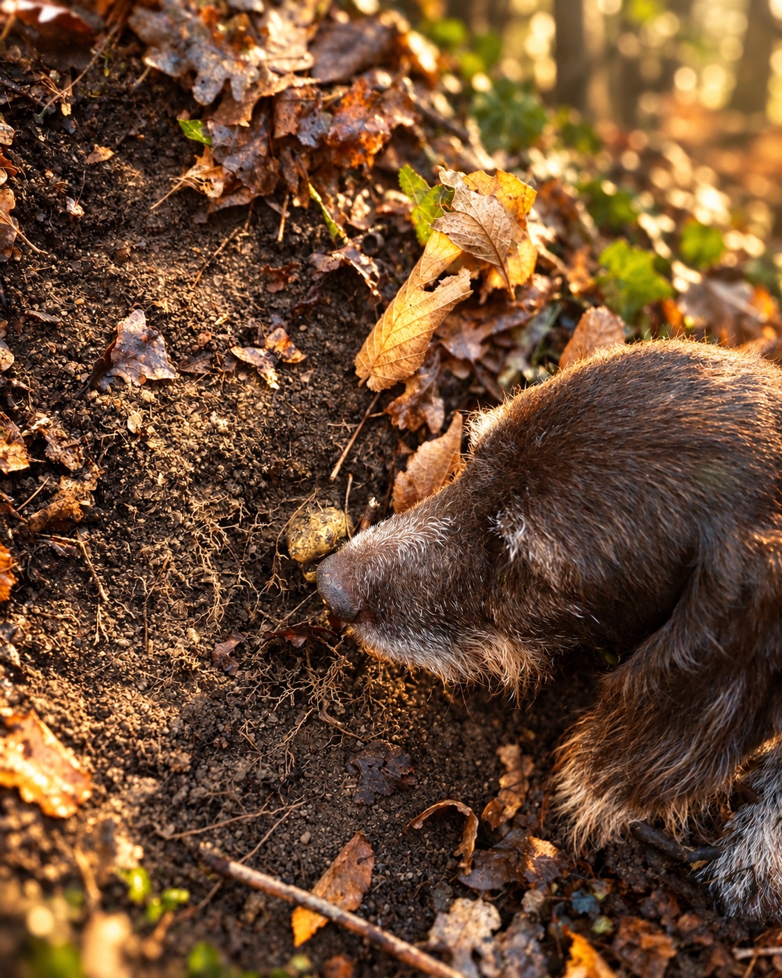 Cane da tartufo durante la raccolta nel bosco
